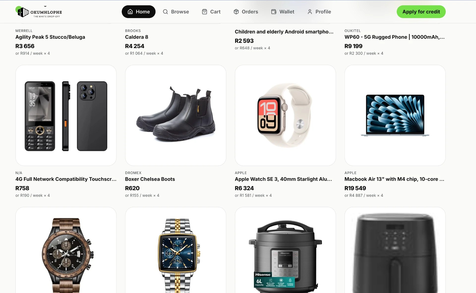 Okumhlophe e-commerce catalogue showing products available to customers