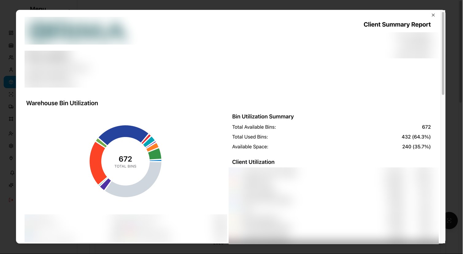 Client summary report showing warehouse bin utilisation donut chart and per client storage breakdown in a 3PL platform