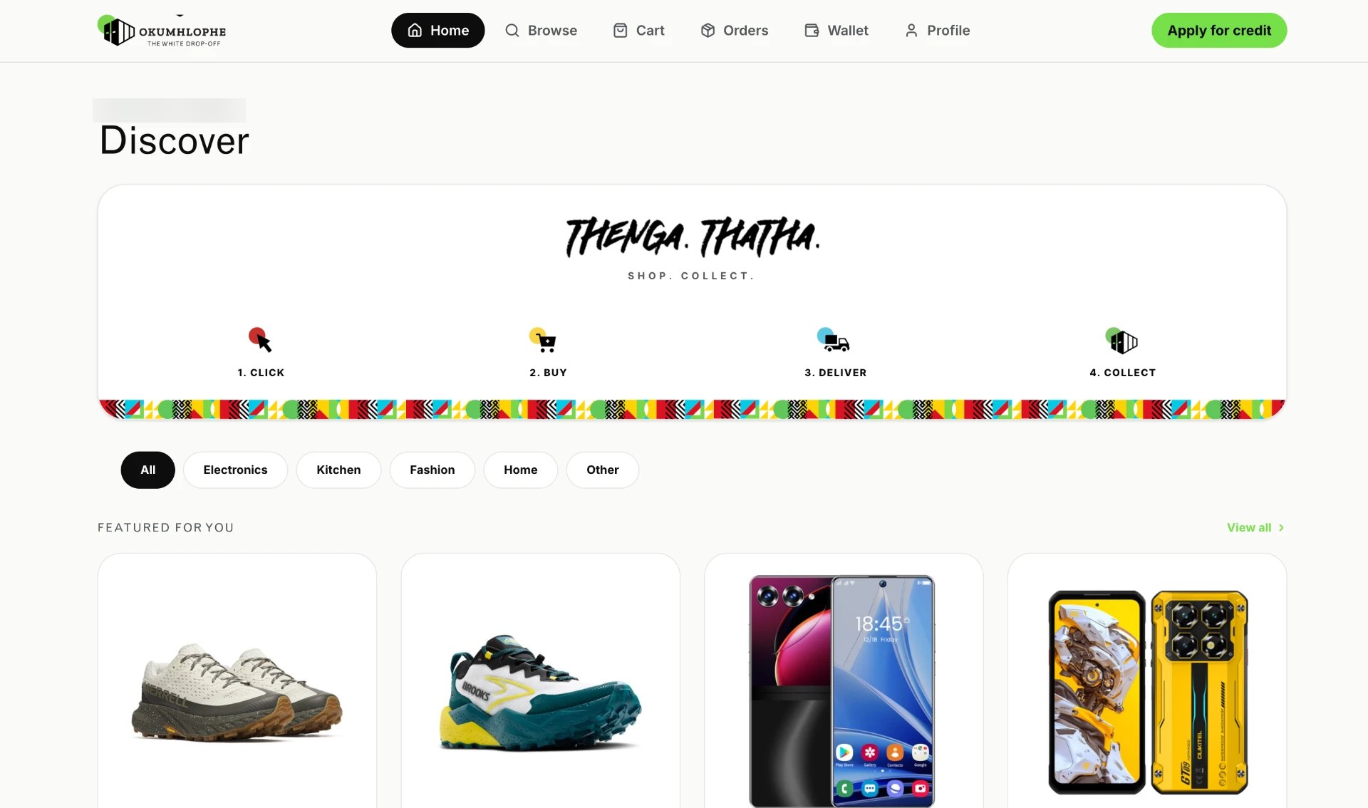 Okumhlophe e-commerce storefront showing product discovery and delivery journey