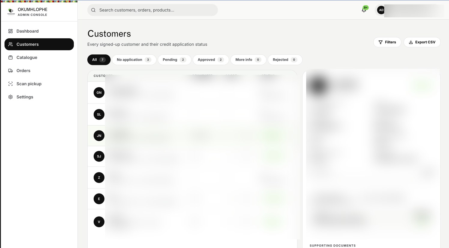 Okumhlophe admin customer management screen with redacted customer information