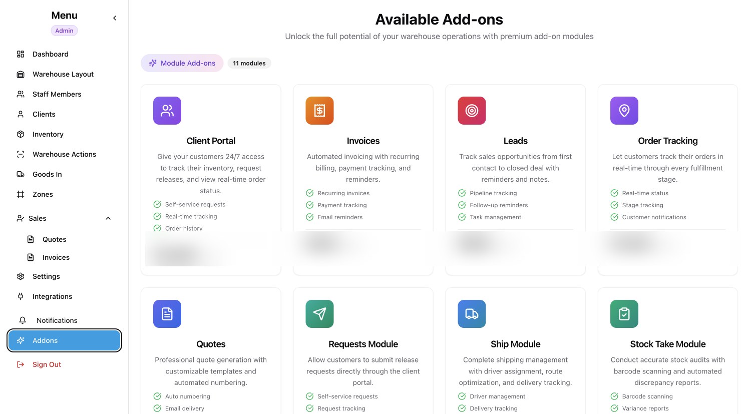 Warehouse SaaS add-on modules including client portal, invoices, leads, order tracking, quotes, ship and stock take