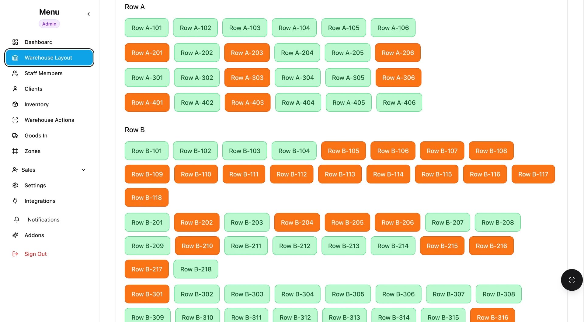 Warehouse layout screen showing colour coded bin locations by row for occupied and available pallet positions